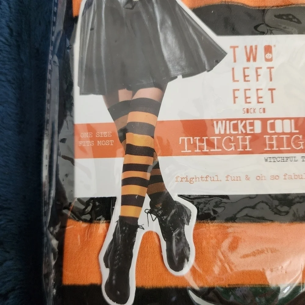 NWT Two Left Feet Wicked Cool Thigh Highs Orange Black Striped Halloween Tights